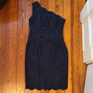 Eliza J Navy One-Shoulder Lace Sheath Dress
